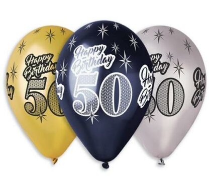 BALONY CZARNE ZŁOTE SREBRNE "HAPPY BIRTHDAY 50" / 6 szt.