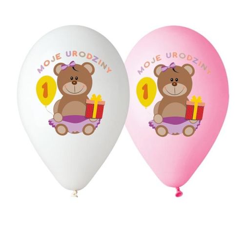 BALONY RÓŻOWE I BIAŁE / NADRUK "MOJE 1 URODZINY" / 5 szt.