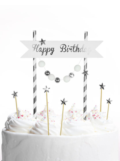 TOPPER NA TORT HAPPY BIRTHDAY Z POMPONAMI / SREBRNY