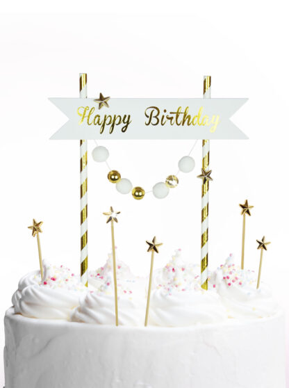 TOPPER NA TORT HAPPY BIRTHDAY Z POMPONAMI / ZŁOTY