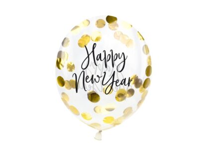 BALONY HAPPY NEW YEAR TRANSPARENTNE Z KONFETTI ZŁOTYM 3szt