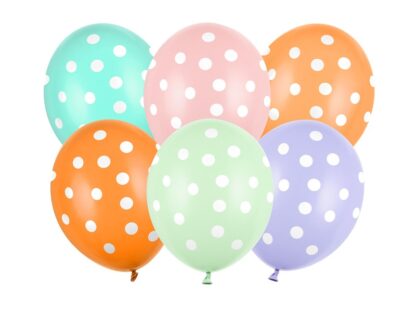 BALONY PASTELOWE KOLOROWE BIAŁE GROSZKI 6szt.