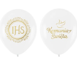 BALONY KOMUNIJNE BIAŁE / ZŁOTY NADRUK KOMUNIA ŚWIĘTA + IHS / 5+5szt