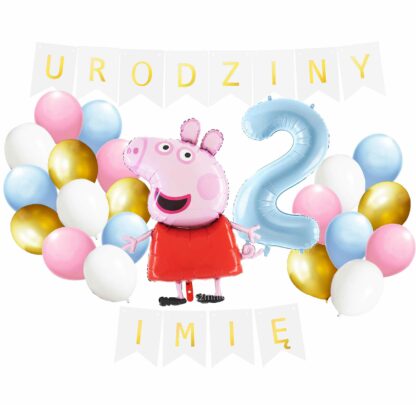 ZESTAW NA 2-gie URODZINY BANER Z IMIENIEM / ŚWINKA PEPPA / PASTEL NIEBIESKI