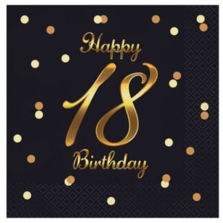 SERWETKI HAPPY BIRTHDAY 18 CZARNE ZŁOTE 20szt