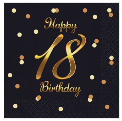 SERWETKI HAPPY BIRTHDAY 18 CZARNE ZŁOTE 20szt