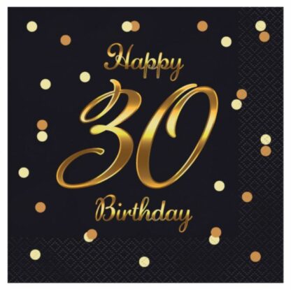 SERWETKI HAPPY BIRTHDAY 30 CZARNE ZŁOTE 20szt