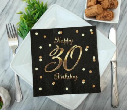 SERWETKI HAPPY BIRTHDAY 30 CZARNE ZŁOTE 20szt - obrazek 2