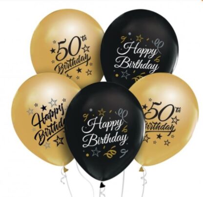 BALONY B&C ”50” CZARNE ZŁOTE 5szt