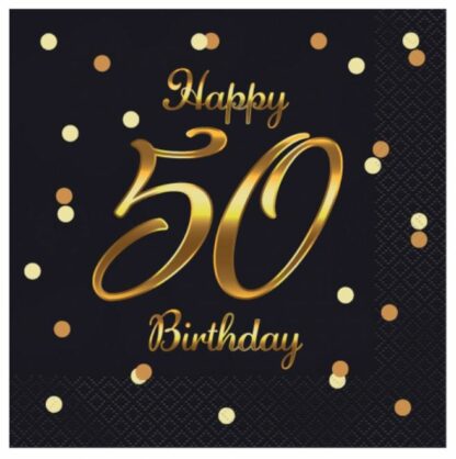 SERWETKI HAPPY BIRTHDAY 50 CZARNE ZŁOTE 20szt