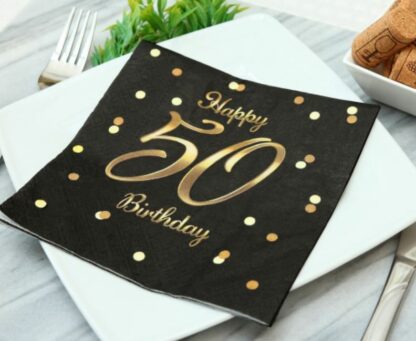SERWETKI HAPPY BIRTHDAY 50 CZARNE ZŁOTE 20szt - obrazek 2