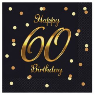 SERWETKI HAPPY BIRTHDAY 60 CZARNE ZŁOTE 20szt