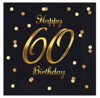 SERWETKI HAPPY BIRTHDAY 60 CZARNE ZŁOTE 20szt
