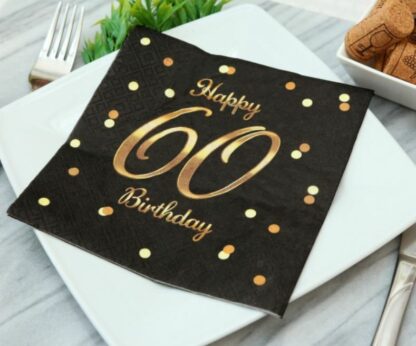 SERWETKI HAPPY BIRTHDAY 60 CZARNE ZŁOTE 20szt - obrazek 2