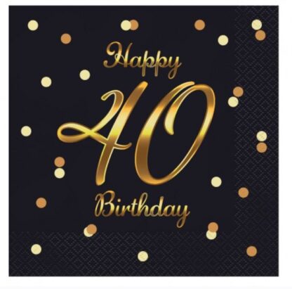 SERWETKI HAPPY BIRTHDAY 40 CZARNE ZŁOTE 20szt.