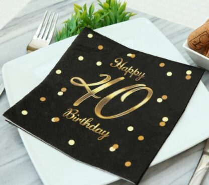 SERWETKI HAPPY BIRTHDAY 40 CZARNE ZŁOTE 20szt. - obrazek 2