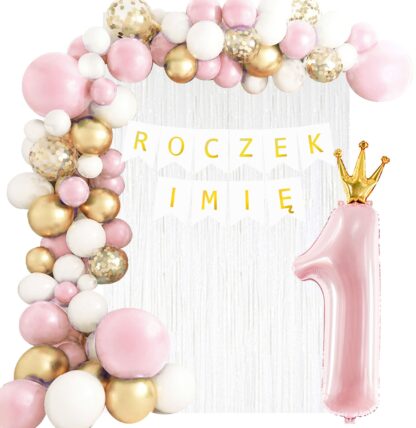 ZESTAW NA PIERWSZE URODZINY Z GIRLANDĄ BALONOWĄ BANER ROCZEK + IMIĘ / RÓŻOWO – ZŁOTY (liternictwo biało-złote)