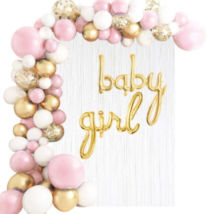 ZESTAW NA BABYSHOWER Z GIRLANDĄ BALONOWĄ RÓŻOWO – ZŁOTY
