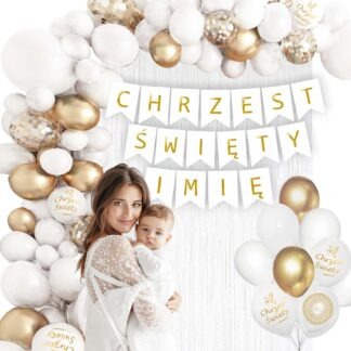 ZESTAW NA CHRZEST Z GIRLANDĄ BALONOWĄ BANER + IMIĘ / BIAŁO-ZŁOTA