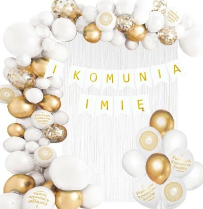 ZESTAW NA I KOMUNIĘ Z GIRLANDĄ BALONOWĄ BANER + IMIĘ / BIAŁO-ZŁOTA
