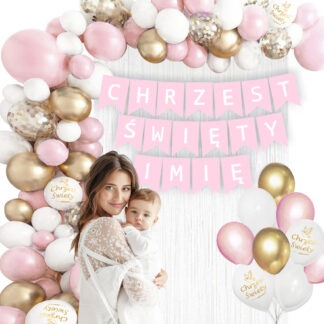 ZESTAW NA CHRZEST ŚWIĘTY Z GIRLANDĄ BALONOWĄ BANER + IMIĘ / RÓŻ