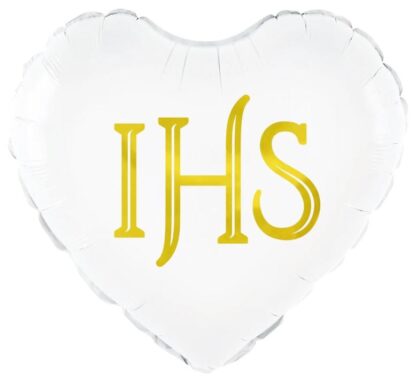 BALON FOLIOWY SERCE BIAŁE IHS ZŁOTY 45cm