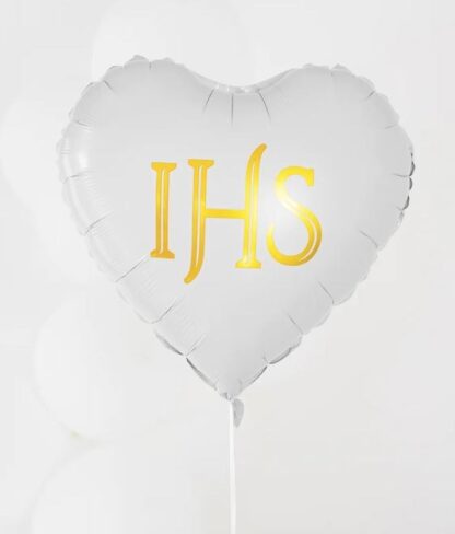 BALON FOLIOWY SERCE BIAŁE IHS ZŁOTY 45cm - obrazek 2