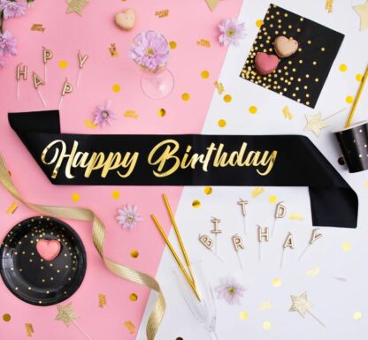 SZARFA HAPPY BIRTHDAY CZARNO ZŁOTA - obrazek 2