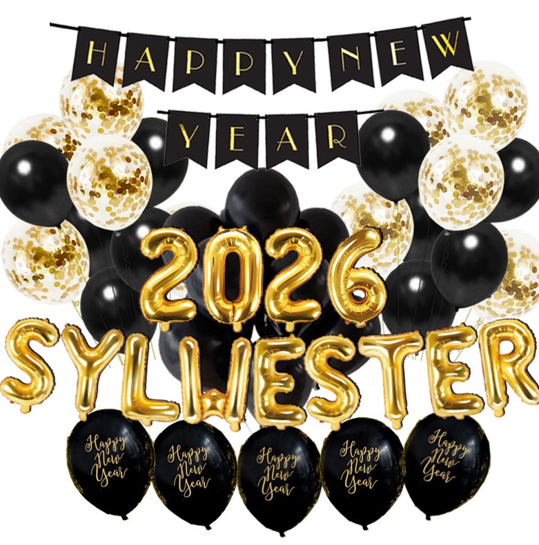 ZESTAW DEKORACJI SYLWESTROWYCH 2025 CZARNO - ZŁOTY