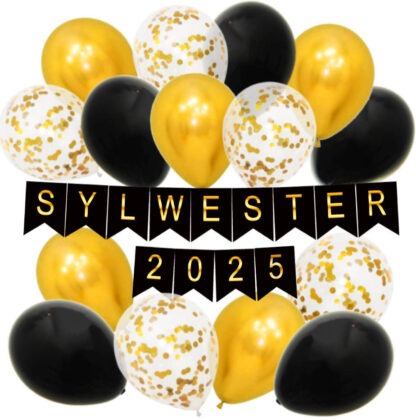 ZESTAW BALONÓW Z NAPISEM SYLWESTER 2025 / kolor: CZARNO - ZŁOTY