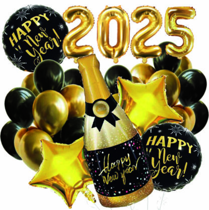 ZESTAW BALONÓW HAPPY NEW YEAR 2025 / kolor: CZARNO - ZŁOTY
