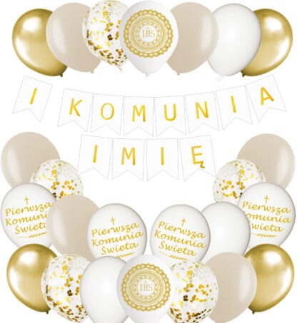 ZESTAW KOMUNIJNY BANER I KOMUNIA + IMIĘ / kolor: BEŻ-ZŁOTY CHROM