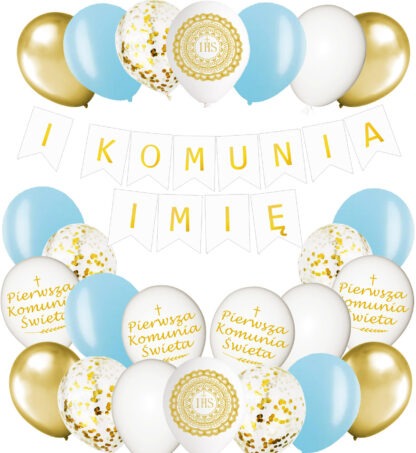 ZESTAW KOMUNIJNY BANER I KOMUNIA + IMIĘ / kolor: JASNY NIEBIESKI-ZŁOTY CHROM