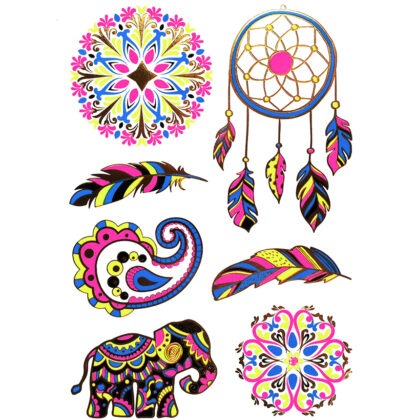 TATUAŻE ZMYWALNE FLUORESCENCYJNE ŚWIECĄCE UV / wzór: BOHO SŁOŃ