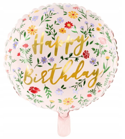 BALON FOLIOWY HAPPY BIRTHDAY JASNY RÓŻ KWIATY 35cm