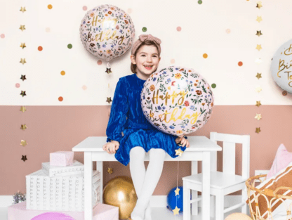 BALON FOLIOWY HAPPY BIRTHDAY JASNY RÓŻ KWIATY 35cm - obrazek 2