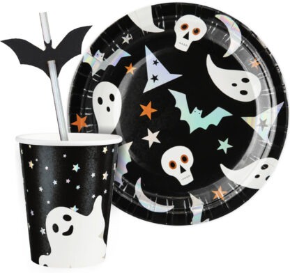 HALLOWEENOWY ZESTAW NA STÓŁ / TALERZYKI, KUBECZKI, SŁOMKI / wzór: HOLOGRAFICZNE DUSZKI I NIETOPERZE / 6szt