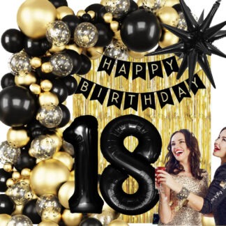 GIRLANDA BALONOWA HAPPY BIRTHADY NA 18-tkę CZARNO - ZŁOTA CHROMOWA