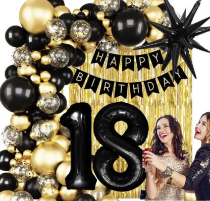 GIRLANDA BALONOWA HAPPY BIRTHADY NA 18-tkę CZARNO - ZŁOTA CHROMOWA
