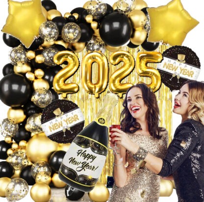 GIRLANDA BALONOWA HAPPY NEW YEAR 2025 CZARNO - ZŁOTA CHROMOWA