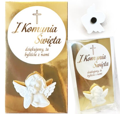 PODZIĘKOWANIE KOMUNIJNE DLA GOŚCI: MAGNES ANIOŁEK / wzór: ZŁOTY KRZYŻYK
