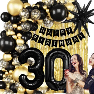 GIRLANDA BALONOWA HAPPY BIRTHADY NA 30-tkę CZARNO - ZŁOTA CHROMOWA
