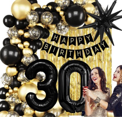 GIRLANDA BALONOWA HAPPY BIRTHADY NA 30-tkę CZARNO - ZŁOTA CHROMOWA