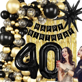 GIRLANDA BALONOWA HAPPY BIRTHADY NA 40-tkę CZARNO - ZŁOTA CHROMOWA