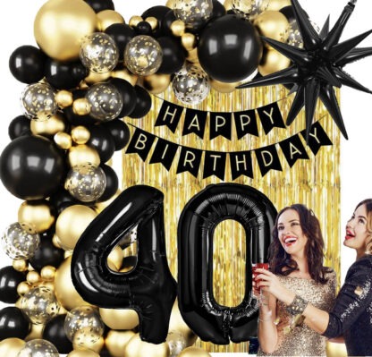 GIRLANDA BALONOWA HAPPY BIRTHADY NA 40-tkę CZARNO - ZŁOTA CHROMOWA