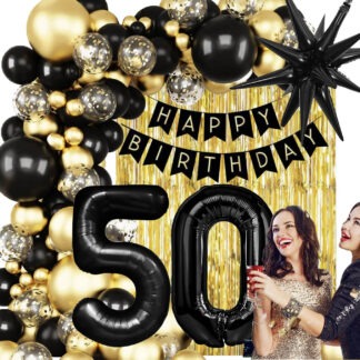 GIRLANDA BALONOWA HAPPY BIRTHADY NA 50-tkę CZARNO - ZŁOTA CHROMOWA