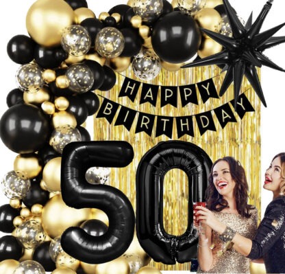 GIRLANDA BALONOWA HAPPY BIRTHADY NA 50-tkę CZARNO - ZŁOTA CHROMOWA