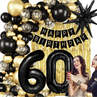 GIRLANDA BALONOWA HAPPY BIRTHADY NA 60-tkę CZARNO - ZŁOTA CHROMOWA