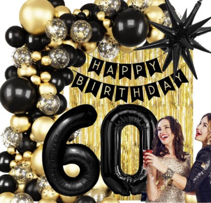 GIRLANDA BALONOWA HAPPY BIRTHADY NA 60-tkę CZARNO - ZŁOTA CHROMOWA