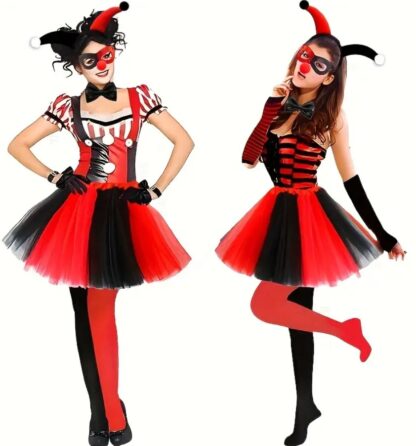 STRÓJ  HARLEQUIN PANI KLAUN CZERWONO CZARNY - obrazek 2